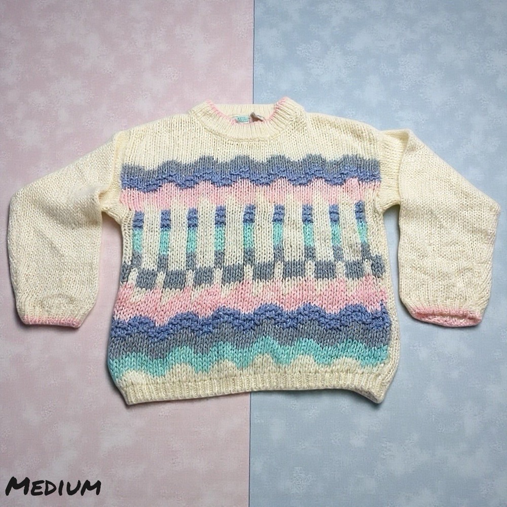 Vintage‎ 80s Mister Noah Sweater Women's MEDIUM Pastel Knitted Fair Isle Chunky